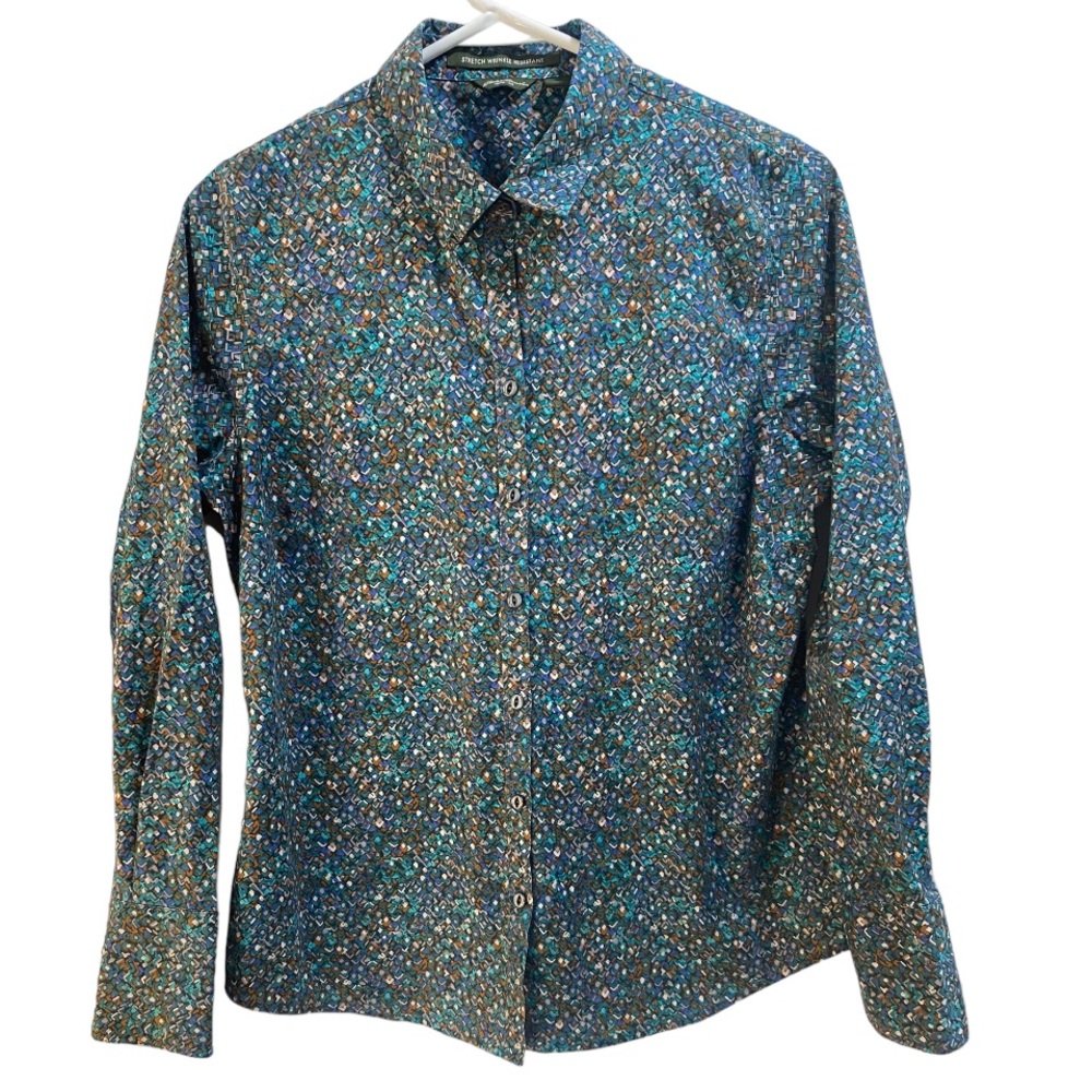 Lot of 2 Eddie Bauer Stretch Wrinkle Resistant‎ Purple & Aqua Abstract LS sz. PM